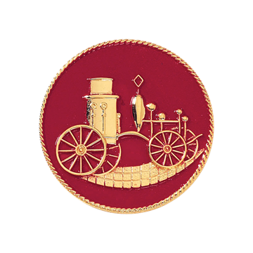 Blackinton A6864-DE Round Fire Hat Badge w/ Old Fashioned Pumper Truck (1-5/8")